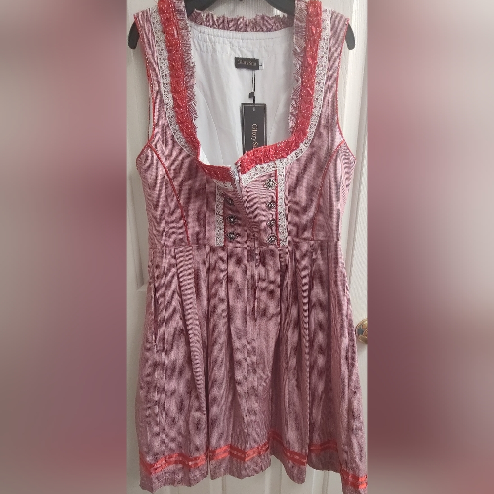 Glory Star Bavarian Octoberfest Dirndl Dress Large Renaissance Red White Plaid